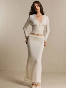 Poéselle Lace Trim Crop Cardigan & Knit Skirt - White - View 1