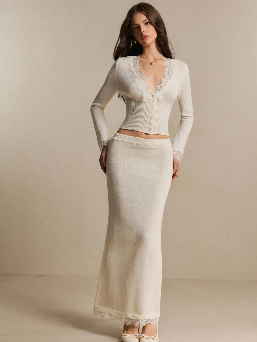 Poéselle Lace Trim Crop Cardigan & Knit Skirt - White - View 1