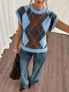 Siren Gaze Women's Diamond Lattice Round Neck Batwing Short Sleeve Casual Knit Top - Multicolor - View 3