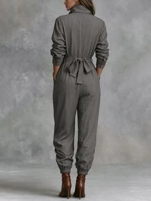 LUMIGAL Women's Grey Linen Cargo Pocket Casual Jumpsuit, Cinched Waist, Elegant Commute Style, Spring/Autumn - Grey - View 2