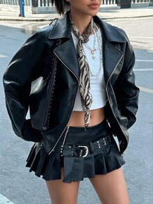 SuriyaCove 新款街頭風寬鬆休閒女款 PU 皮革機車夾克 - 黑色 - 查看 3