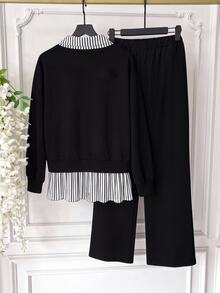 GlowEve CURVE Autumn-Style Top With Decorative Embellishments And Contrasting Pleated Hem, Paired With Trousers. - Black - View 2