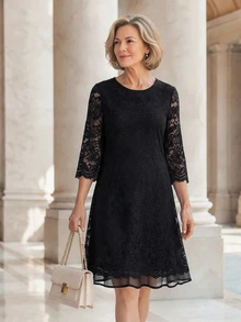 EMERY ROSE Middle-Aged Women's Contrast Lace 3/4 Sleeve Round Neck Elegant Dress - Black - View 1