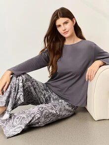 LUVLETTE Fall Gray Cotton Pajamas Contrast Color Wide Leg Drawstring Soft Round Neck Long Sleeve Pajama Set Now Trending Cozy Women Sleepwear Homewear Graphic - Grey - View 9