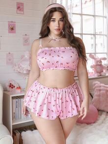 Crystal Vow Romantic Cherry Print New Year Sweet Frill Trim Lingerie Set 2pcs - Pink - View 5