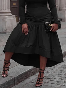 SHEIN CURVE+ Plus Size Women's Solid Color Pleated Casual Daily Skirt - Black - View 5