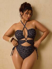Travachic Plus Size Women's Sexy Leopard Print Criss-Cross Halter Hollow One-Piece Swimsuit, Side Drawstring High Cut Slim Fit Swimwear - Brown - View 3