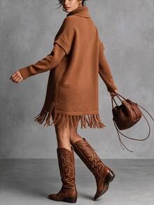 LanaWest Turtleneck Batwing Sleeve Fringe Hem Sweater Dress - Brown - View 2