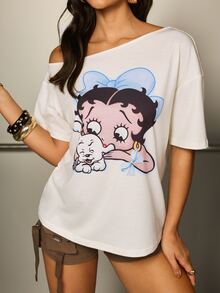 Betty Boop x SHEIN Women's Cartoon Print Asymmetrical Shoulder Casual Daily T-Shirt - Light Yellow - View 3