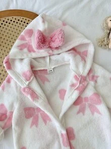 SHEIN Baby Girl Bow Print Long Sleeve Cute Hooded Romper - Pink - View 10