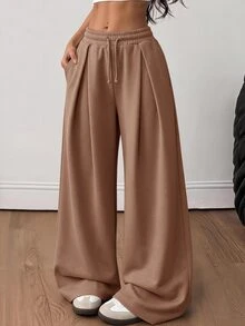 SHEIN 少女純色抽繩腰休閒百搭日常穿著長褲 - 鏽棕色 - 查看 1