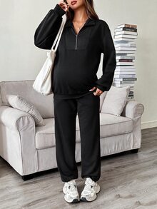 SHEIN 孕婦秋冬休閒衛衣與運動長褲哺乳兩件套 - 黑色 - 查看 4