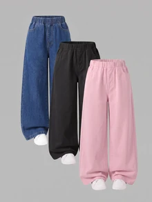 SHEIN 3件組青少年女孩百搭寬腿牛仔褲，寬鬆舒適休閒長褲，適合學校、校園、大學時尚，秋冬穿搭 - 彩色 - 查看 3
