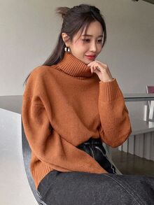 DAZY 女款秋冬百搭休閒純色高領毛衣 - 橘色 - 查看 6