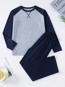 SHEIN Tween Boy Colorblock Long Sleeve Top And Pants Casual Daily Loungewear Pajama Set - Multicolor - View 6