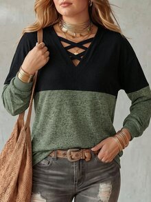 SHEIN LUNE 女款休閒撞色大尺碼運動衫，秋冬季 - 彩色 - 查看 6