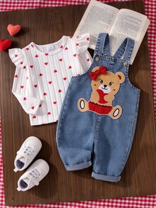 SHEIN 2pcs Toddler Baby Girl Long Sleeve T-Shirt Denim Jumpsuit Set Blue White Red Heart Print Bear Patch Bow Ribbed Knit Round Neck Button Front Ruffle - Blue - View 1