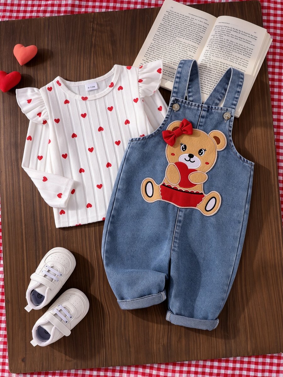 SHEIN 2pcs Toddler Baby Girl Long Sleeve T-Shirt Denim Jumpsuit Set Blue White Red Heart Print Bear Patch Bow Ribbed Knit Round Neck Button Front Ruffle - Blue - View 1