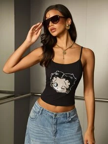 Betty Boop x SHEIN Áo hai dây nữ đính sequin họa tiết hoạt hình - màu đen - Xem 1