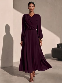 SHEIN Veneréa 深棕色雪紡V領收腰法式燈籠袖大裙擺洋裝 - 紫色 - 查看 5