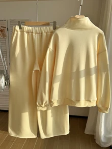 Comfortcana Plus Size Women Casual Home Wear Daily Outing Autumn/Winter Sweatshirt And Pants Set - Light Yellow - View 2