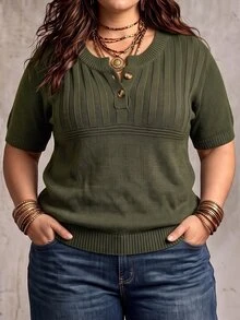 SHEIN LUNE CURVE Autumn/Winter Plus Size Solid Color Short Sleeve Knit Top With Half-Button Front And Vertical Ribbed Texture Casual Blouse - Army Green - View 1