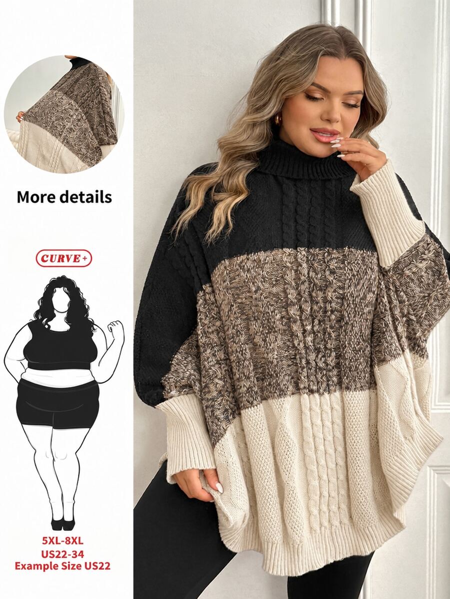 SHEIN CURVE+ 大尺碼女款拼色休閒日常長袖針織衫 冬季 - 彩色 - 查看 1