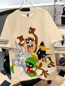 LOONEY TUNES X SHEIN Daypath 男士夏季卡通字母圖案短袖T恤 - 卡其色 - 查看 5