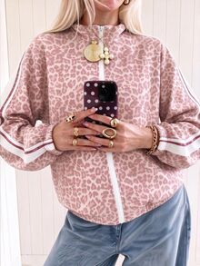 SHEIN EZwear 女款豹紋拼色休閒日常長袖夾克 - 淺粉色 - 查看 5