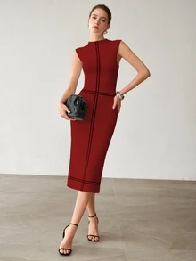 MOTF PREMIUM Vestido de suéter elegante con abertura y ribete de contraste para mujer - Burdeos - Ver 3