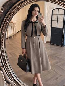 Vintamour Women's Plaid Pleated Dress And Cardigan Casual 2 Pieces Set - Brown - View 3
