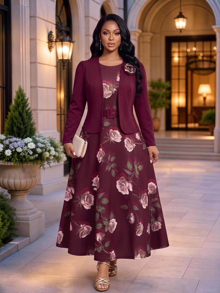 Fleurora Plus Size Women's 3D Floral Decor Open Front Jacket And Dress Elegant Set - Burgundy - View 1