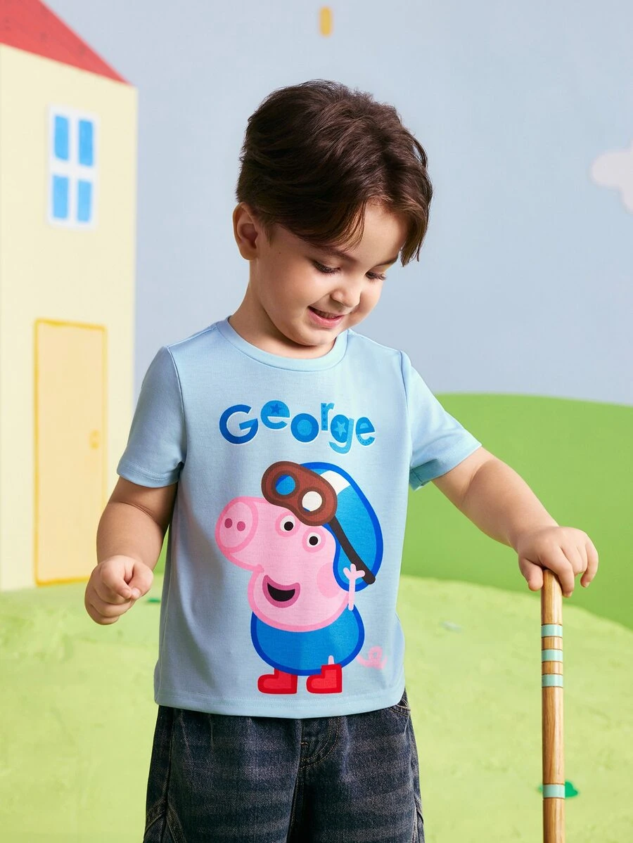 Peppa Pig X SHEIN Young Boy Letter Cartoon Print Casual Daily Short Sleeve T-Shirt - Blue - View 1