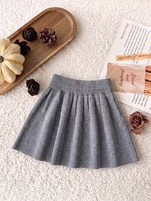 SHEIN Girls' Autumn/Winter Knitted Skirt, Solid Gray, Elastic Waist, Flared Pleated Umbrella Style. Soft Woolen Fabric, Comfortable Wear Without Tight Waist, Suitable For Daily Matching With Sweaters And Tops, Simple And Versatile - Black - View 5
