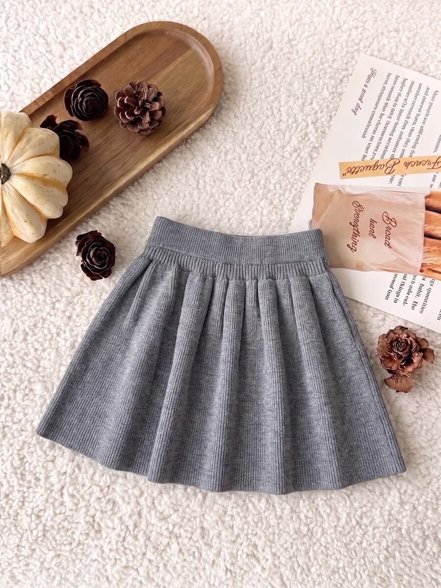 SHEIN Girls' Autumn/Winter Knitted Skirt, Solid Gray, Elastic Waist, Flared Pleated Umbrella Style. Soft Woolen Fabric, Comfortable Wear Without Tight Waist, Suitable For Daily Matching With Sweaters And Tops, Simple And Versatile - Black - View 1