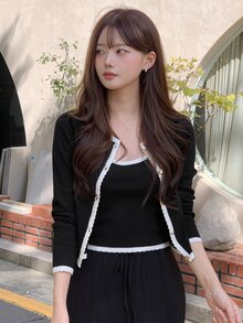 DAZY Contrast Trim Button Front Cardigan & Cami Knit Top - Black - View 4