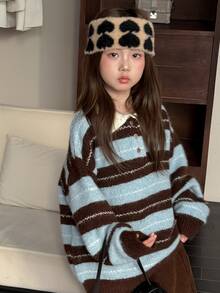 Hapijoa Sweater Lengan Panjang Kasual Harian Motif Blok Warna untuk Anak Perempuan Remaja - Coklat - View 8