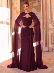 Aureia Elegant Luxury Burgundy Pleated Ruffle Fitted Mermaid Hem Evening Gown, Suitable For Evening Parties, Balls, Weddings, Events, Music Festivals (Heavy Workmanship Design) - Burgundy - View 5