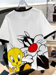 Manfinity LOONEY TUNES X SHEIN 男士字母卡通印花圓領休閒短袖T恤，適合日常休閒穿著 - 白色 - 查看 2