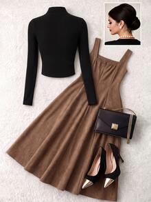 GlowEve CURVE Plus Size Women's Dress And Long Sleeve Top Casual 2 Pieces Set - Brown - View 2