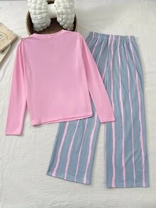 SHEIN 青少年女孩休閒日常百搭舒適寬鬆圓領居家服 - 粉色 - 查看 2