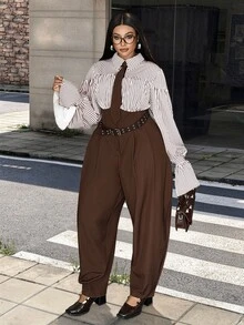 Maweii French Style Commuter Striped Lantern Sleeve Cinched Waist Wide Leg Jumpsuit - Brown - View 6