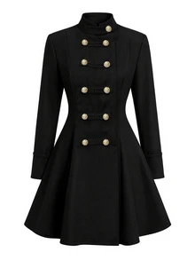 LUMIGAL Women's Vintage Stand Collar Gold Double-Breasted Cinched Waist Short Dress Court Style Fall/Winter - Black - View 5