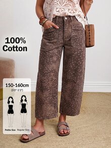 SHEIN PETITE 女款動物印花口袋設計寬鬆休閒牛仔褲 - 摩卡棕 - 查看 1