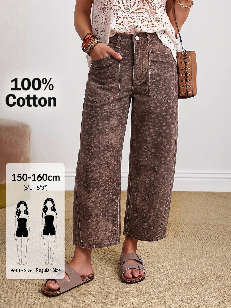 SHEIN PETITE 女款動物印花口袋設計寬鬆休閒牛仔褲 - 摩卡棕 - 查看 1