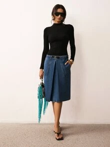 ATUI Studio Women's Casual Denim Skirt With Pockets For Daily Wear - Medium Wash - View 1