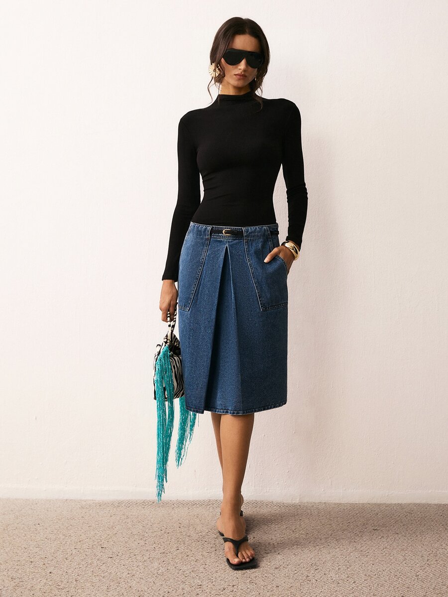 ATUI Studio Women's Casual Denim Skirt With Pockets For Daily Wear - Medium Wash - View 1