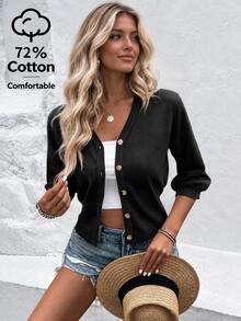 SHEIN Holidaya Cardigan Rajut Pendek Wanita Model V Neck Puff, Atasan Sweater Rajut Polos dengan Kancing Depan - Hitam - View 5