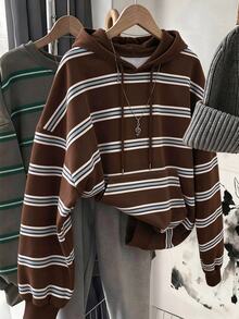 Resyla Hot-Selling Color-Block Striped Hooded Long Sleeve Sweatshirt - Brown - View 1