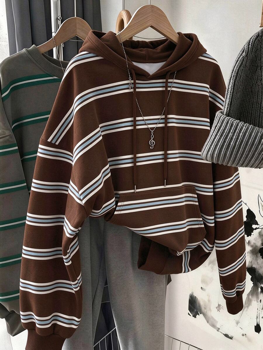 Resyla Hot-Selling Color-Block Striped Hooded Long Sleeve Sweatshirt - Brown - View 1